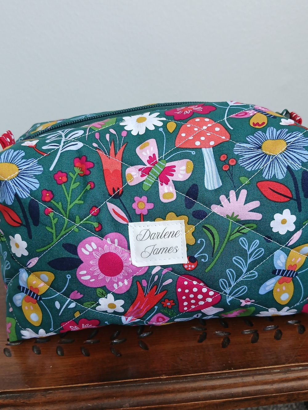Darlene James Floral Quilted Cosmetic Pouch - Green with Multicolor Flowers